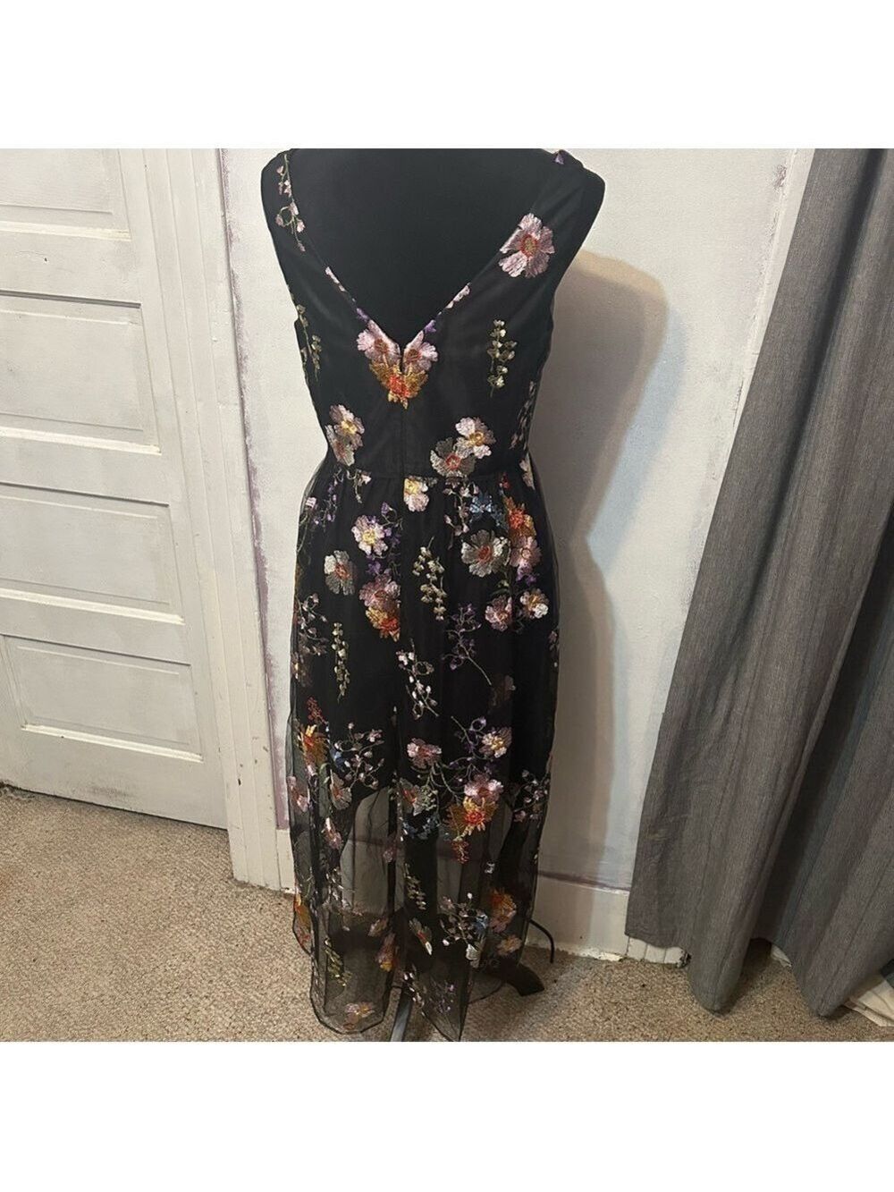 Adrianna Papell High Low Embroidered Gown Dress Floral V Neck Pockets Lined - Picture 5 of 8